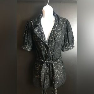 KENSIE Black Lace Jacket Coat Blazer Trench Belted Nude Tan Puff Sleeve Pockets